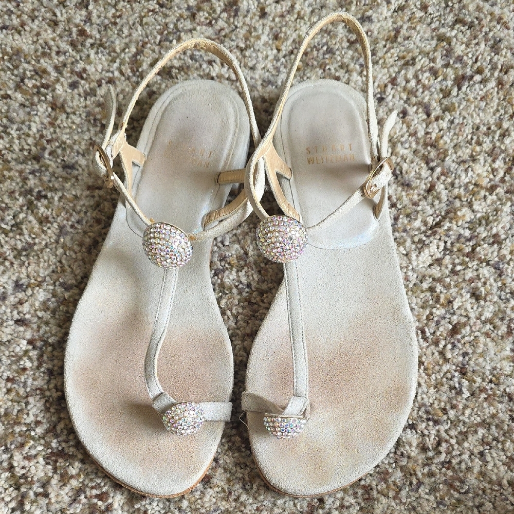 Stuart Weitzman Balls of Fire Sandals Beige Iridescent Suede